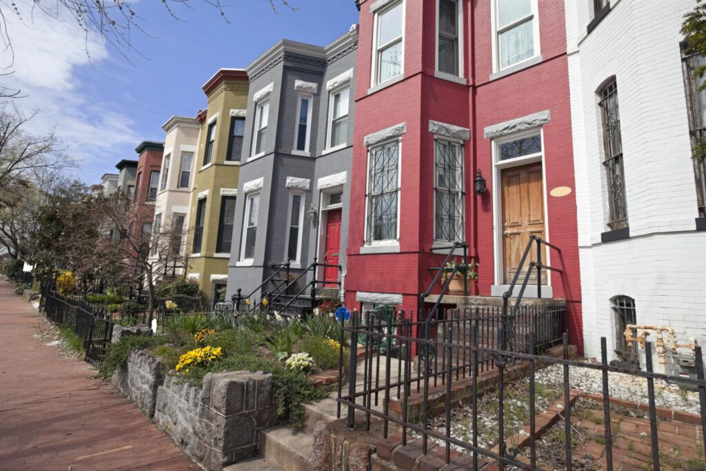 Washington DC real estate colorful row homes in urban neighborhood